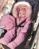 One Piece Baby Hooded Snowsuit Pink Designed For Car Seat | Deux par Deux | Jenni Kidz