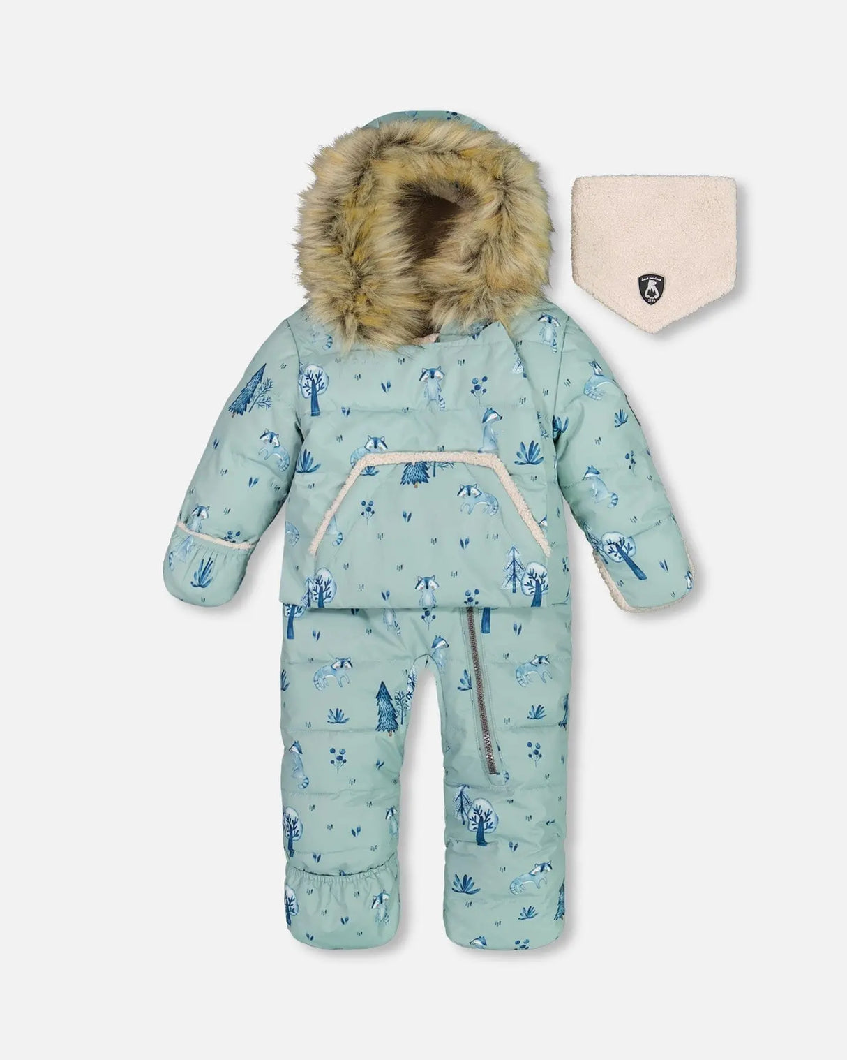 One Piece Baby Hooded Snowsuit Sage Printed Racoons Designed For Car Seat | Deux par Deux | Jenni Kidz