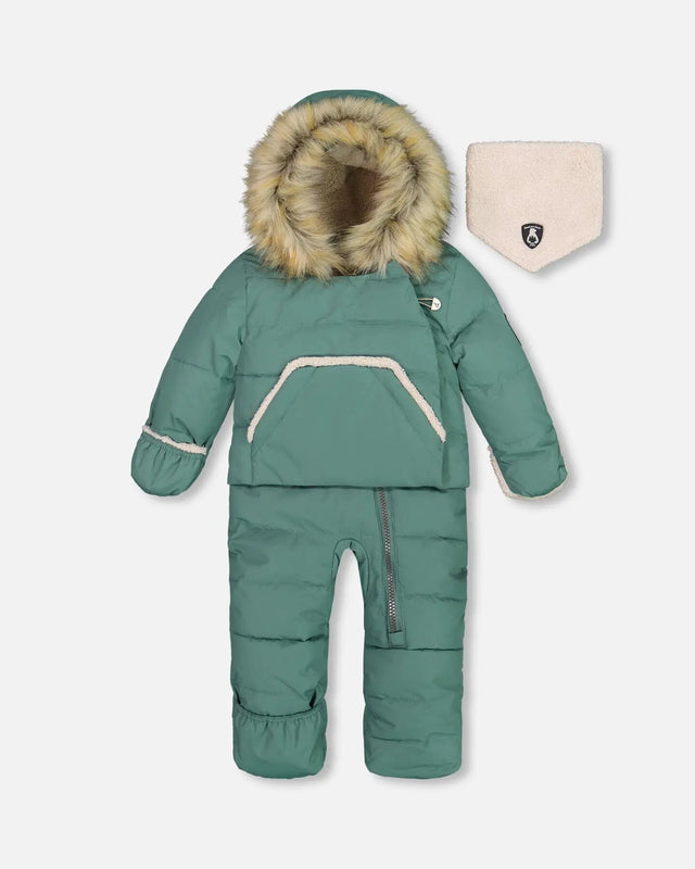 One Piece Baby Hooded Snowsuit Silver Pine Designed For Car Seat | Deux par Deux | Jenni Kidz