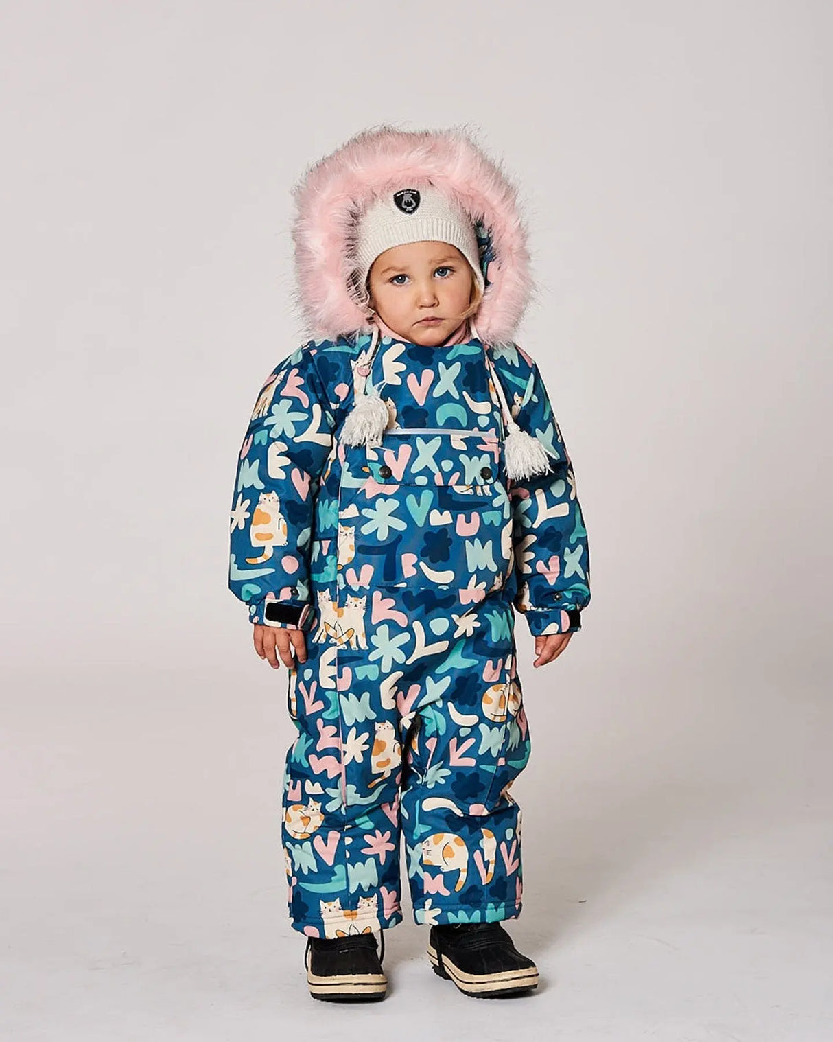 One-Piece Baby Play Snowsuit Designed For Car Seat Green Cat Print | Deux par Deux | Jenni Kidz