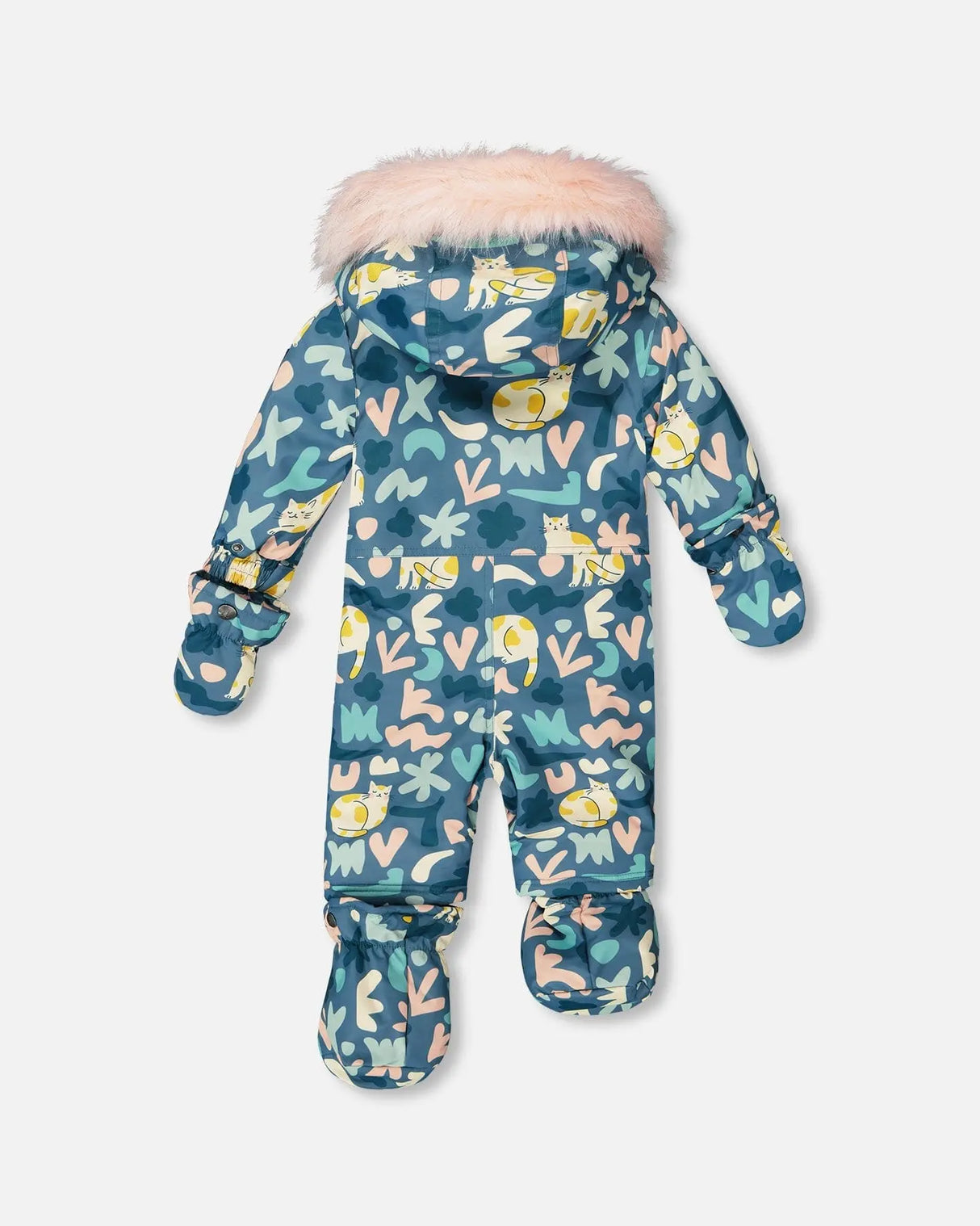 One-Piece Baby Play Snowsuit Designed For Car Seat Green Cat Print | Deux par Deux | Jenni Kidz