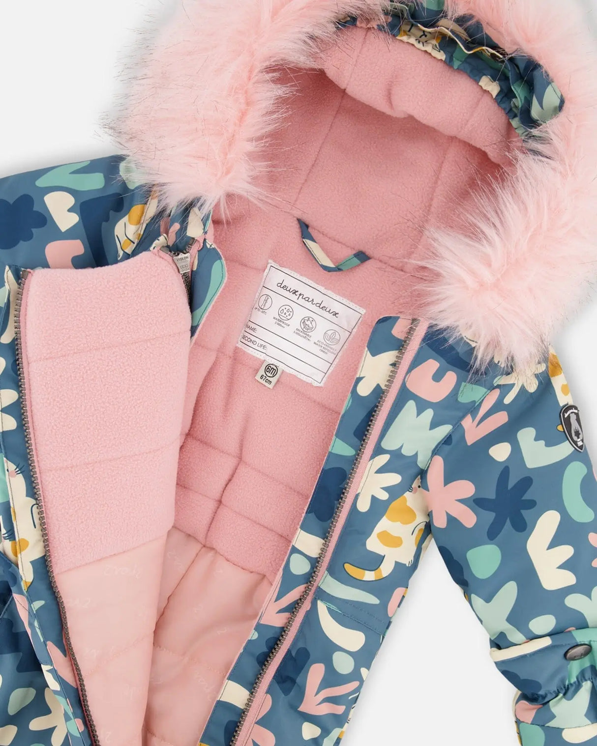 One-Piece Baby Play Snowsuit Designed For Car Seat Green Cat Print | Deux par Deux | Jenni Kidz
