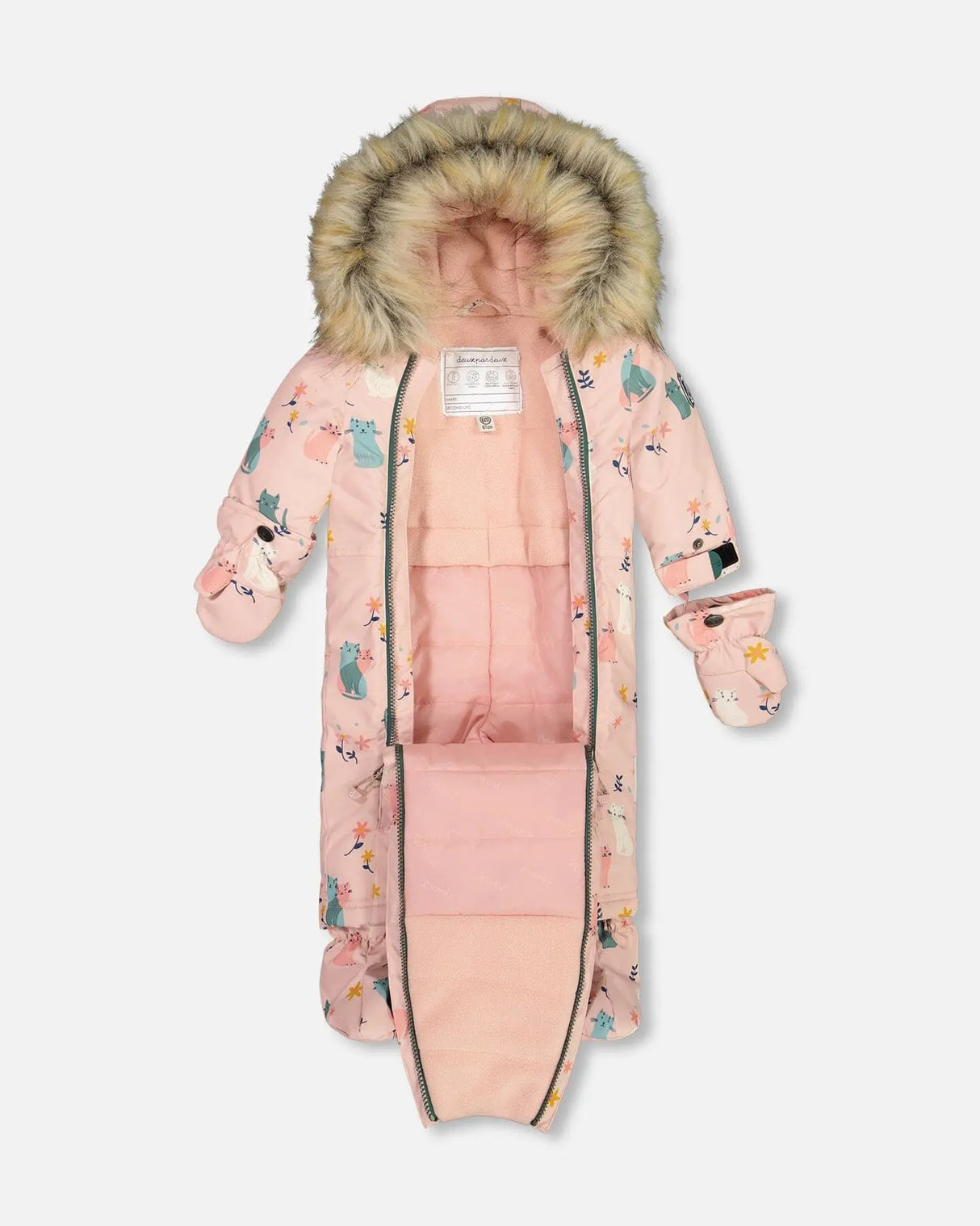 One Piece Baby Snowsuit Light Pink Printed Cats Designed For Car Seat | Deux par Deux | Jenni Kidz