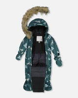 One Piece Baby Snowsuit Sage Printed Wolves Designed For Car Seat | Deux par Deux | Jenni Kidz