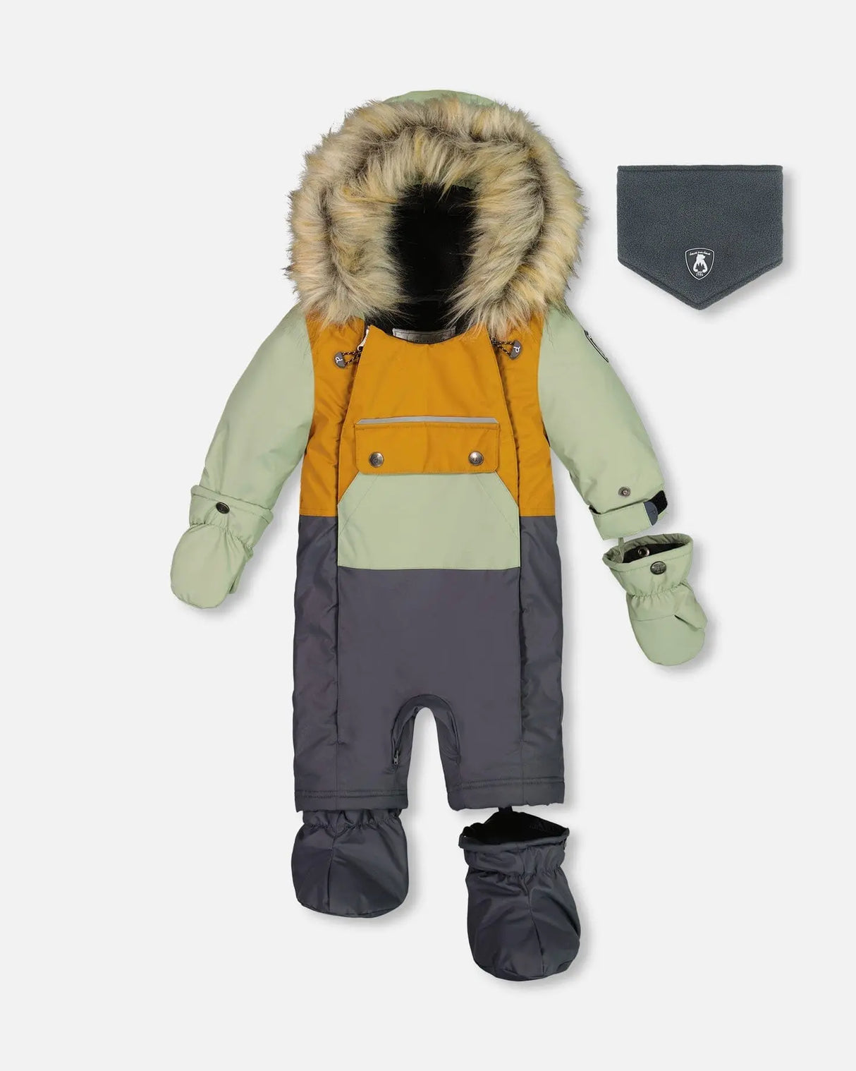 One Piece Baby Snowsuit Sage, Brown And Dark Grey | Deux par Deux | Jenni Kidz