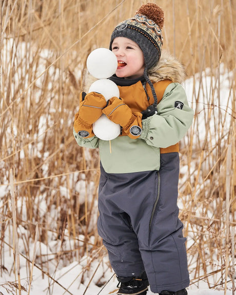 One Piece Baby Snowsuit Sage, Brown And Dark Grey | Deux par Deux | Jenni Kidz