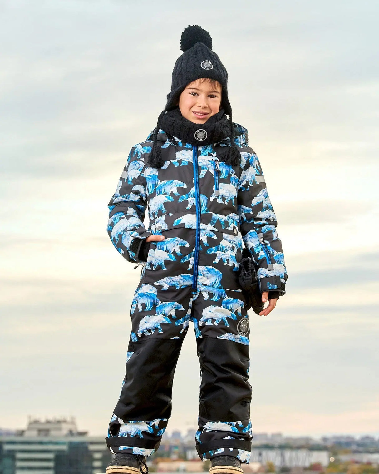 One Piece Snowsuit Black Printed Polar Bears | Deux par Deux | Jenni Kidz