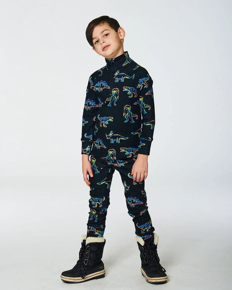 One Piece Thermal Underwear Black Printed Neon Dino | Deux par Deux | Jenni Kidz