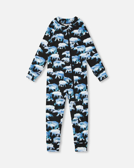 One Piece Thermal Underwear Black Printed Polar Bears | Deux par Deux | Jenni Kidz