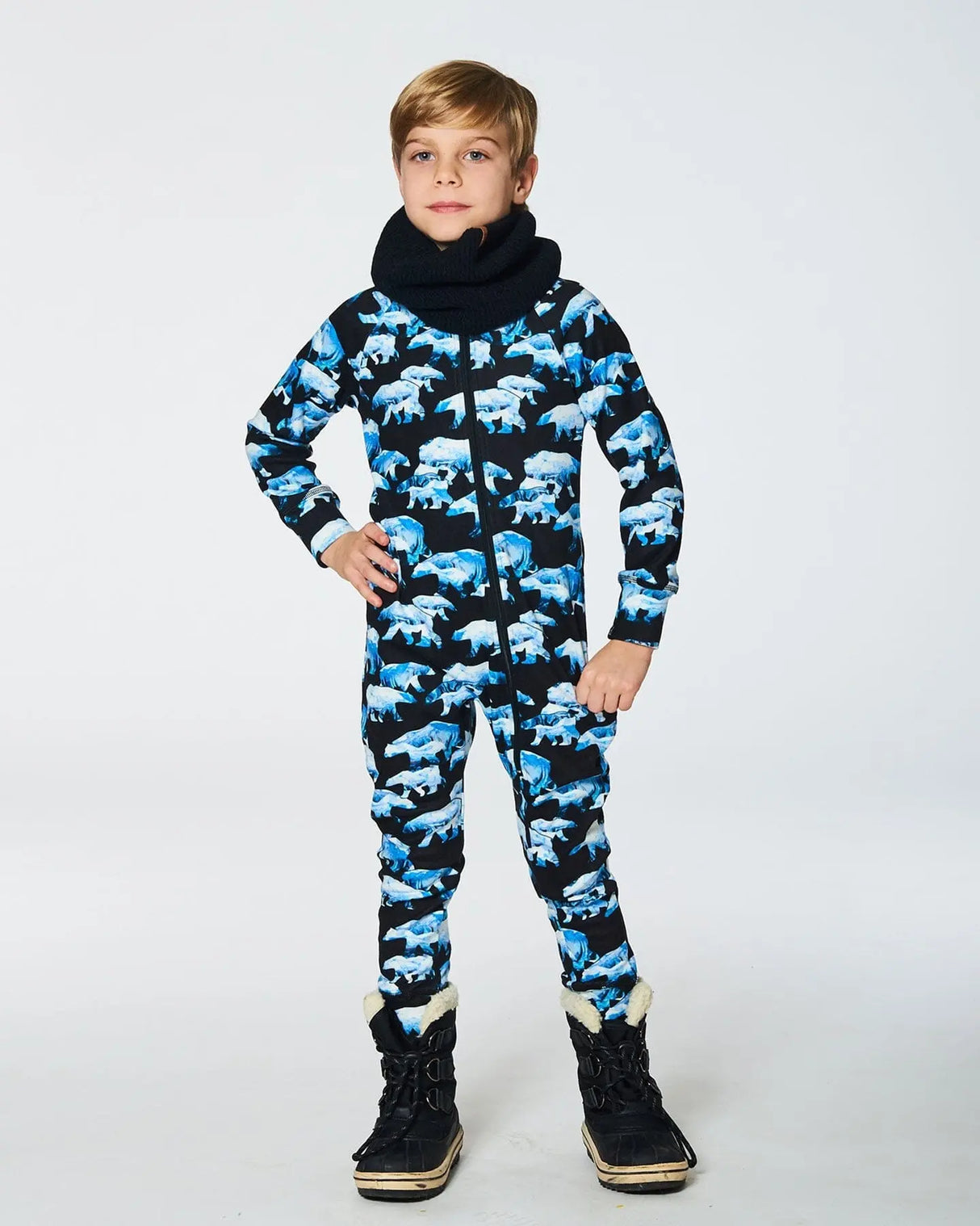 One Piece Thermal Underwear Black Printed Polar Bears | Deux par Deux | Jenni Kidz