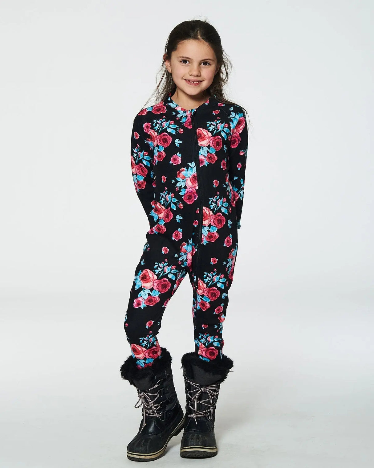 One Piece Thermal Underwear Black Printed Roses | Deux par Deux | Jenni Kidz