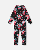 One Piece Thermal Underwear Black Printed Roses | Deux par Deux | Jenni Kidz