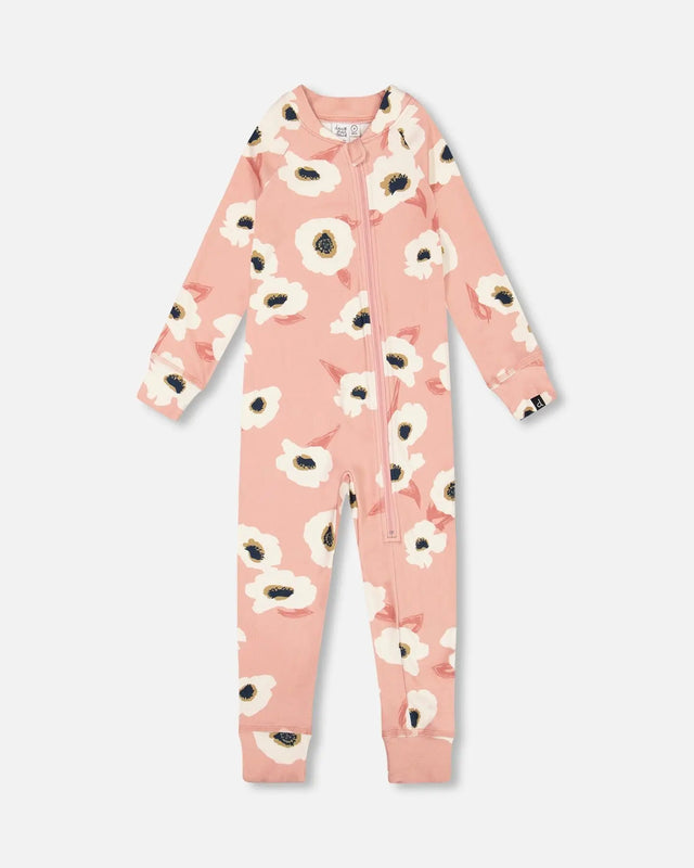 One Piece Thermal Underwear Pink Printed Off White Flowers | Deux par Deux | Jenni Kidz