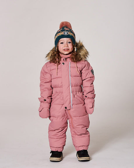 Model in one-piece pram suit pink with fleece-lined hood — almost gone