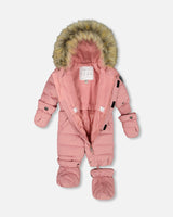 Baby girl snowsuit with removable mitts and booties, fleece neckwarme