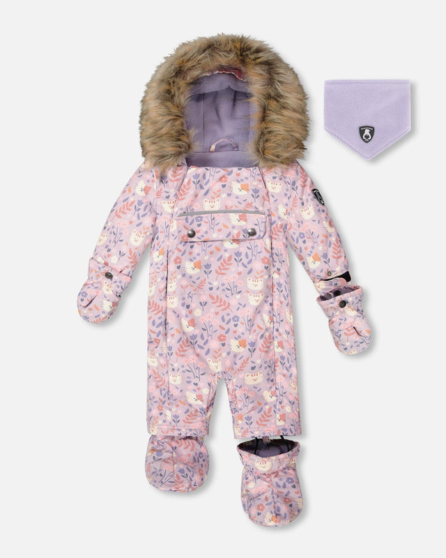 Baby girl snowsuit lilac cat print on stroller, car-seat compatible profile