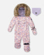 Baby girl snowsuit lilac cat print on stroller, car-seat compatible profile
