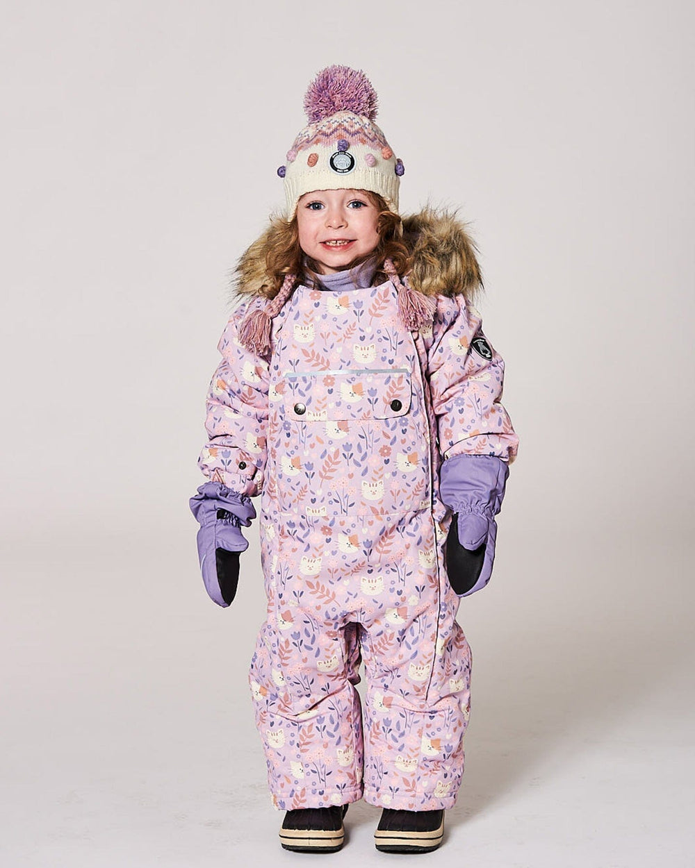 One-Piece Baby Play Snowsuit Designed For Car Seat Lilac Cat Print-1