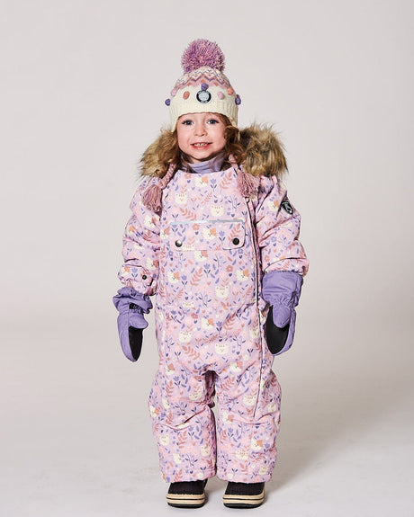 One-Piece Baby Play Snowsuit Designed For Car Seat Lilac Cat Print-1