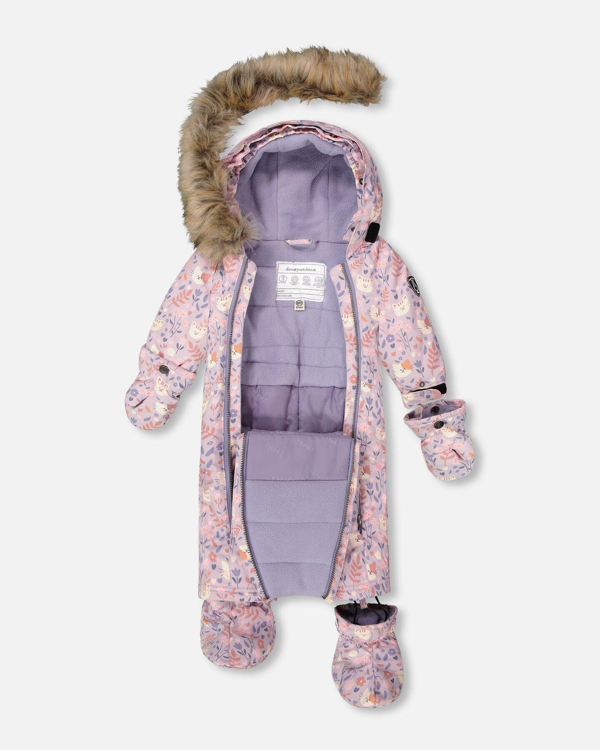 Car-seat snowsuit side zipper open for quick changes, lilac cat print
