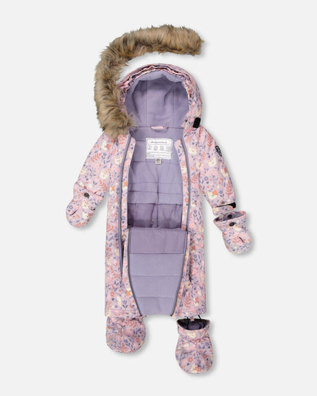 Car-seat snowsuit side zipper open for quick changes, lilac cat print