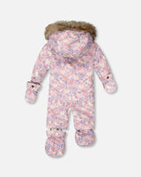 Fleece-lined one-piece pram suit interior, pink lining and hood detail