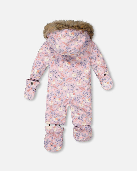 Fleece-lined one-piece pram suit interior, pink lining and hood detail