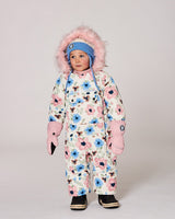 Close-up warm waterproof baby snowsuit with fleece lining and wind flap, off-white floral