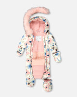 Toddler ski-style snowsuit, floral, extendable cuffs and ankle snow guards for growth