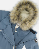 Close-up of zipper, wind flap, and chin guard, baby winter suit