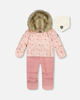 Baby girl snowsuit pink mini flowers one-piece, front view