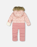 back view of infant bunting pink floral pattern, sherpa hood
