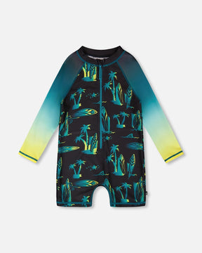 Front flat lay of Deux par Deux baby boy long sleeve one-piece swimsuit in black surf print