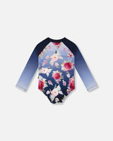Back view of Blue Rose long sleeve rashguard one-piece for girls