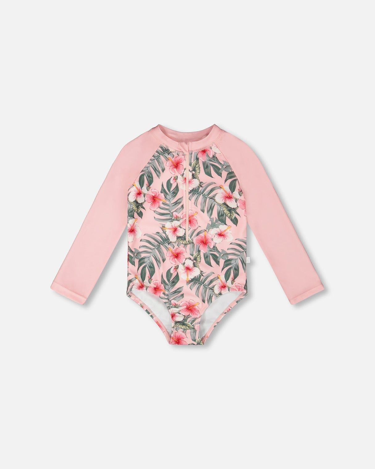 Front flat lay of Deux par Deux girl long sleeve one-piece rashguard in pink hibiscus print