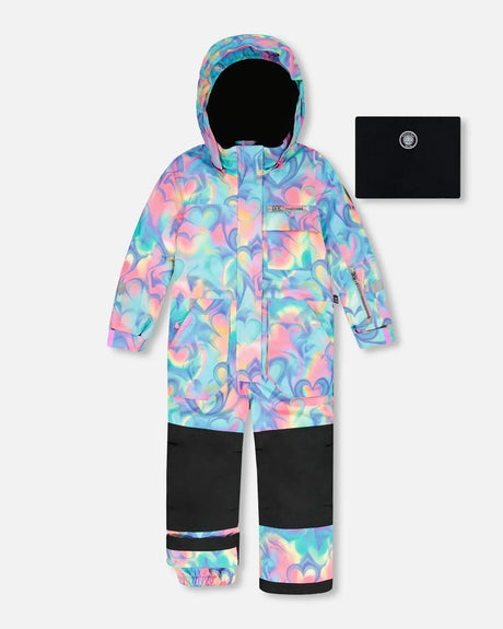 Girls one-piece ski suit — Rainbow Heart print with black panels, waterproof to −30C.