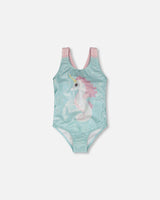 Front flat lay of Deux par Deux girl aqua seahorse one-piece swimsuit with pink straps