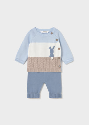 Front view of sky blue Mayoral knit sweater and pants set with animal motif
