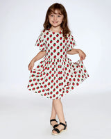 Organic Cotton Dress With Flounce Sleeves White Printed Pop Strawberry | Deux par Deux | Jenni Kidz