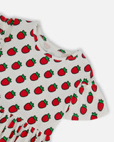 Organic Cotton Dress With Flounce Sleeves White Printed Pop Strawberry | Deux par Deux | Jenni Kidz