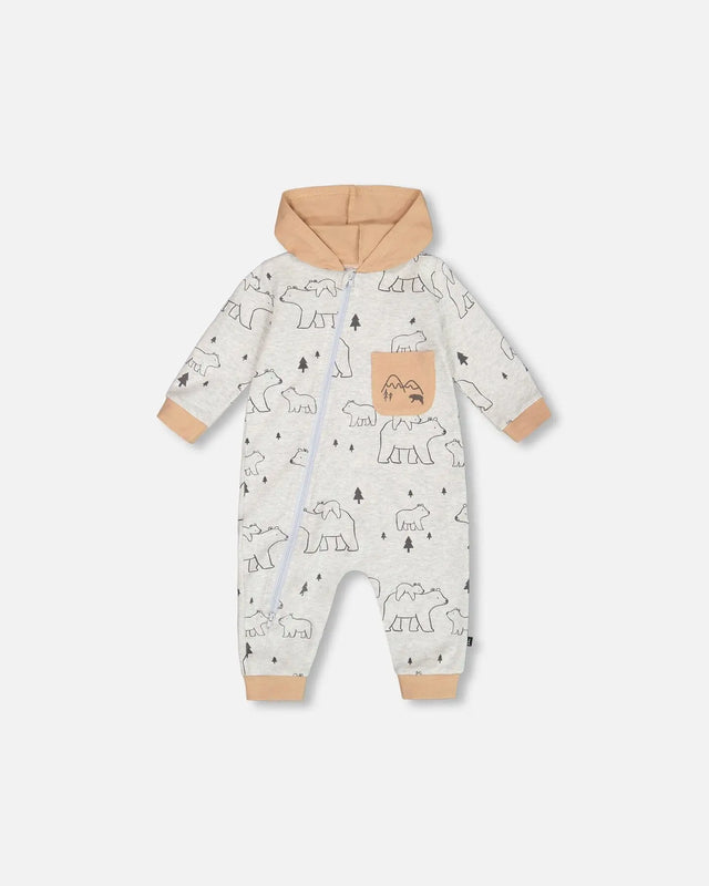 Organic Cotton Hooded Jumpsuit Gray Mix Printed Bears | Deux par Deux | Jenni Kidz