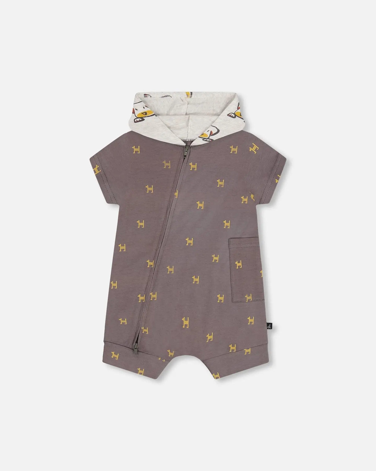 Organic Cotton Hooded Romper Dark Grey With Printed Pixel Dog | Deux par Deux | Jenni Kidz