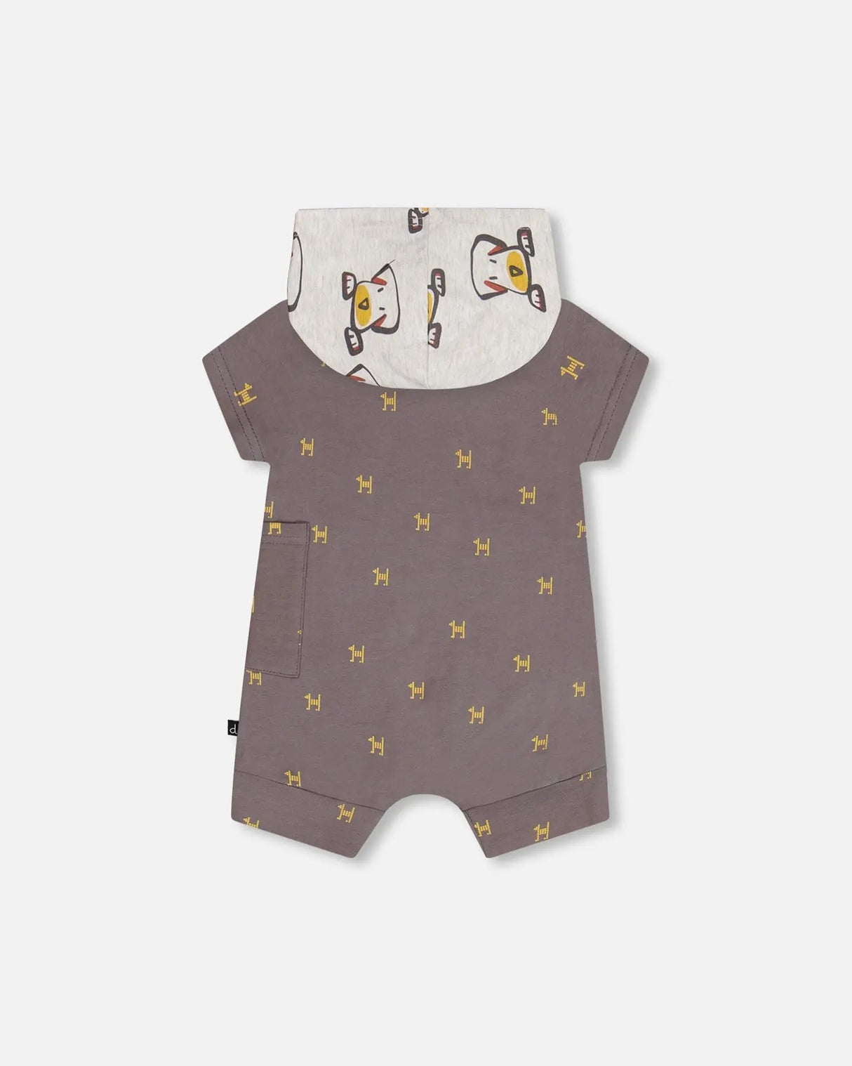 Organic Cotton Hooded Romper Dark Grey With Printed Pixel Dog | Deux par Deux | Jenni Kidz