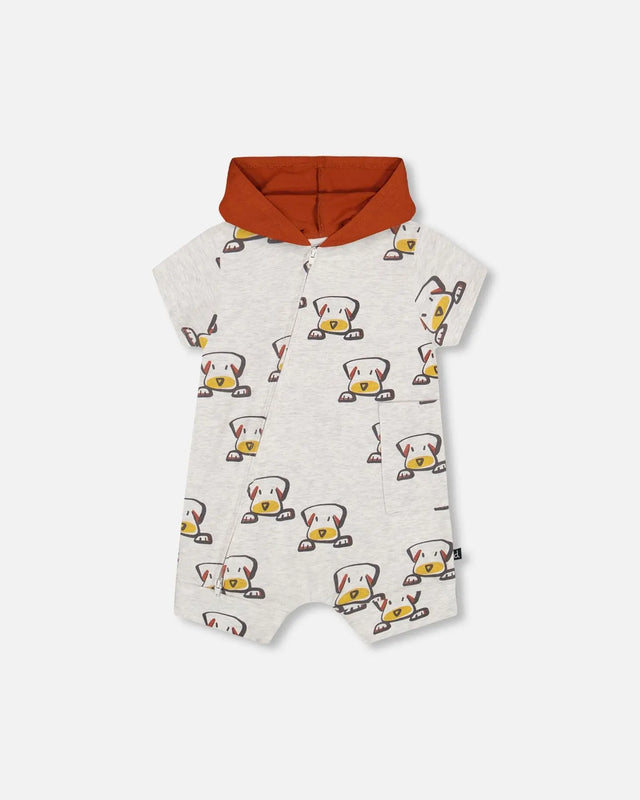 Organic Cotton Hooded Romper Heather Beige With Printed Dog | Deux par Deux | Jenni Kidz