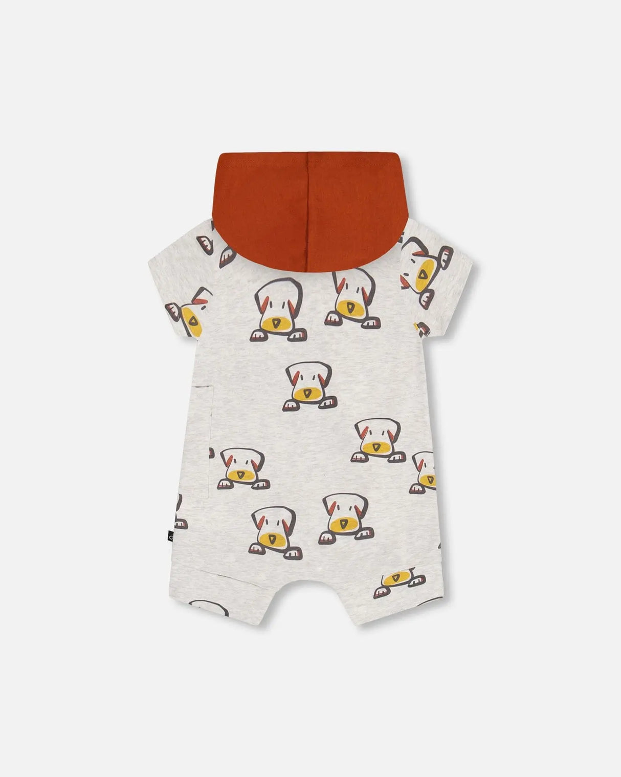 Organic Cotton Hooded Romper Heather Beige With Printed Dog | Deux par Deux | Jenni Kidz