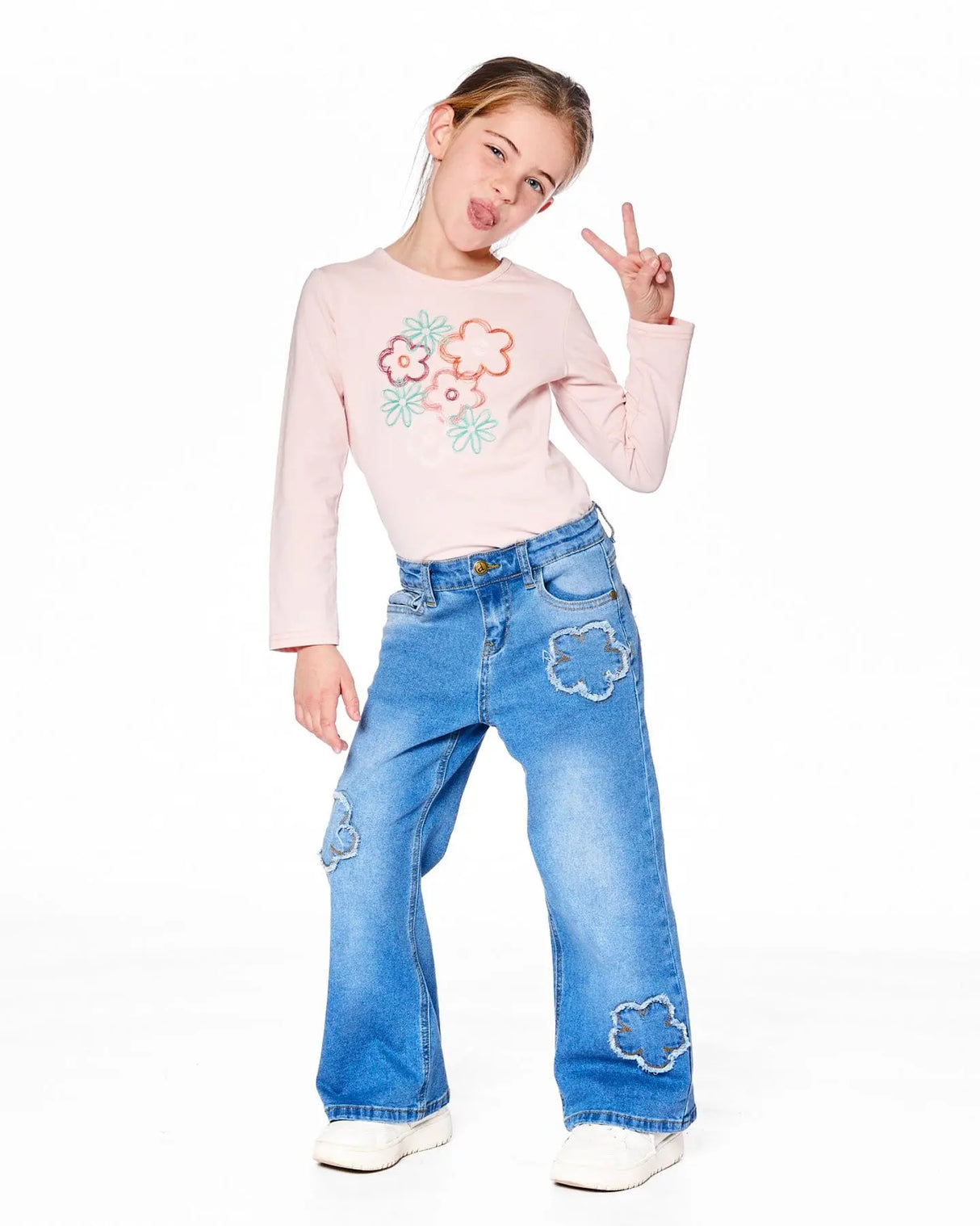 Organic Cotton Long Sleeve T-Shirt Light Pink With Big Flowers | Deux par Deux | Jenni Kidz