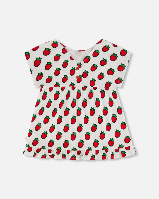 Organic Cotton Long Top With Frill White Printed Pop Strawberry | Deux par Deux | Jenni Kidz