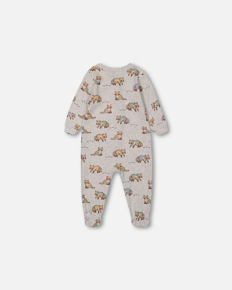 Organic Cotton One Piece Pajama Beige Mix Printed Racoons | Deux par Deux | Jenni Kidz