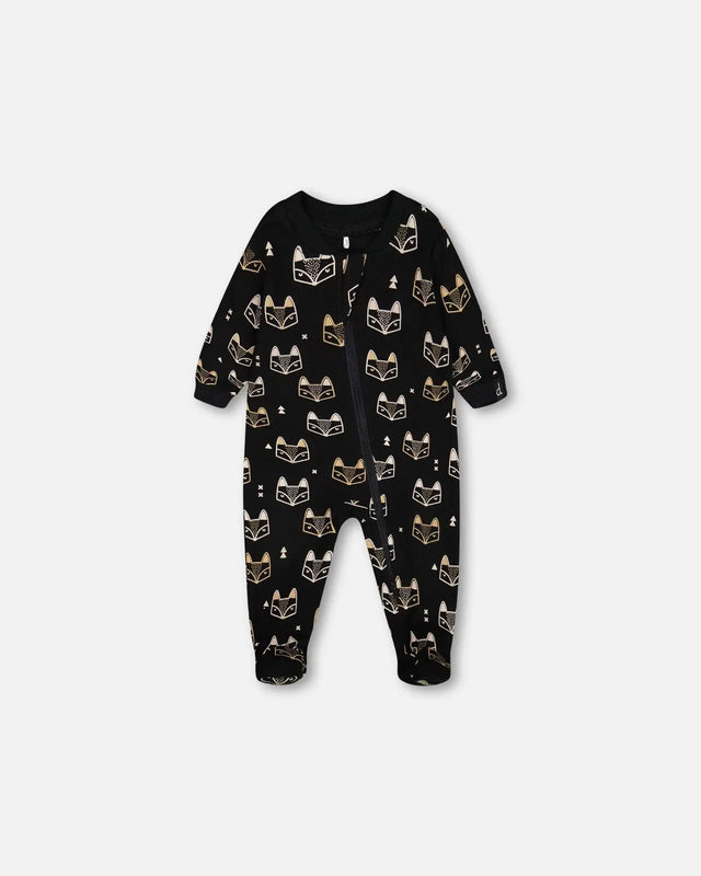 Organic Cotton One Piece Pajama Black Printed Fox | Deux par Deux | Jenni Kidz