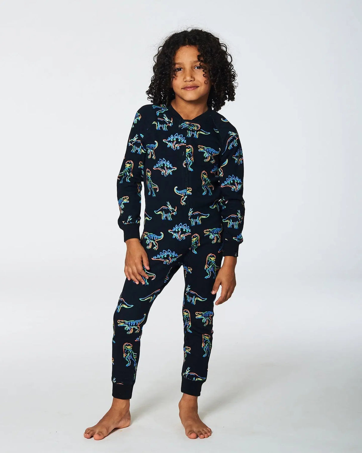 Organic Cotton One Piece Pajama Black Printed Neon Dino | Deux par Deux | Jenni Kidz